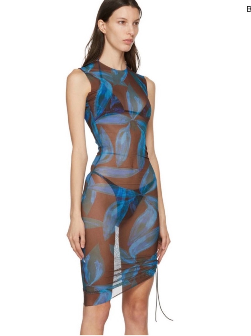 Louisa Ballou Blue Tropical Mesh Sheer Bodycon Dress S